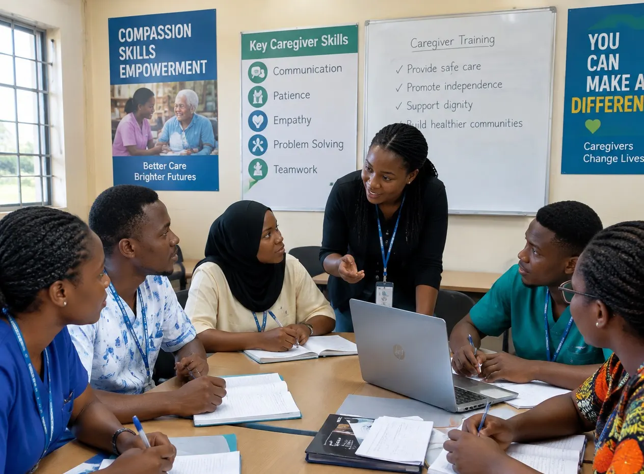 A facilitator leads a group discussion with caregiver trainees seated around a table with notebooks and a laptop.