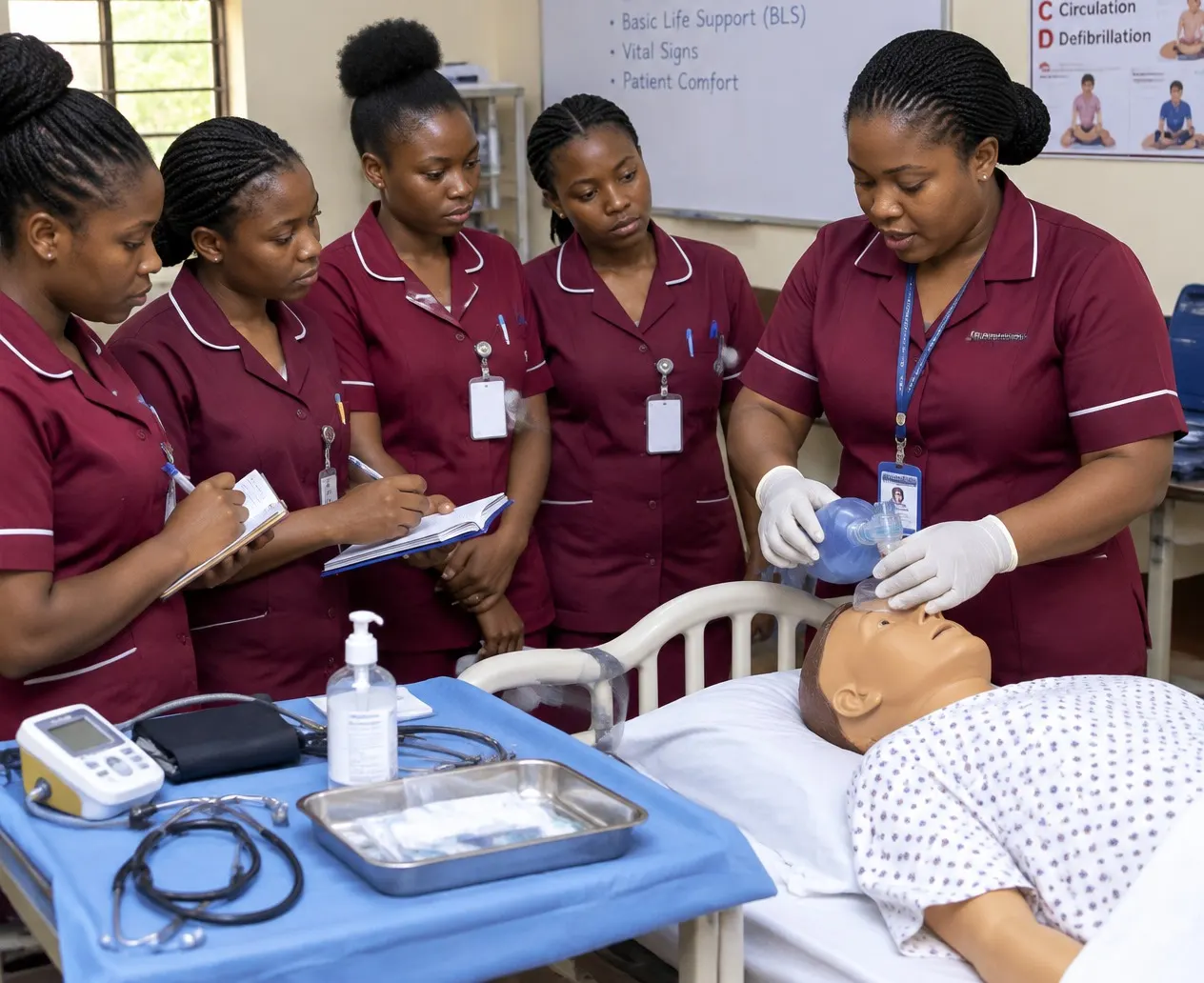 A trainer in a maroon uniform demonstrates a bag-valve mask on a training manikin while four caregiver trainees take notes.
